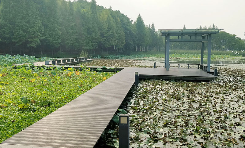 春暉公園內(nèi)用桃花江高炭竹木地板鋪設(shè)的親水棧道